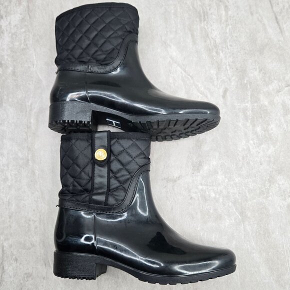 Tommy Hilfiger Rain Boots Black Quilted Outdoor Rubber Winter Ankle Booties Sz 8 - Picture 5 of 12